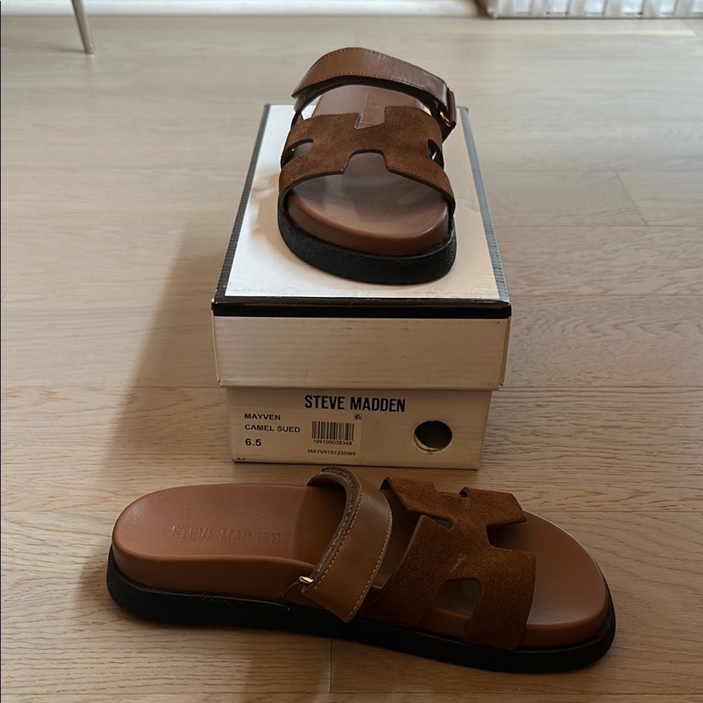 Steve Madden Brown Suede Double-Strap Slide Sandals